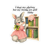 Funny Retro Bunny Dusting Books Kiss-Cut Sticker, Bookish Sticker