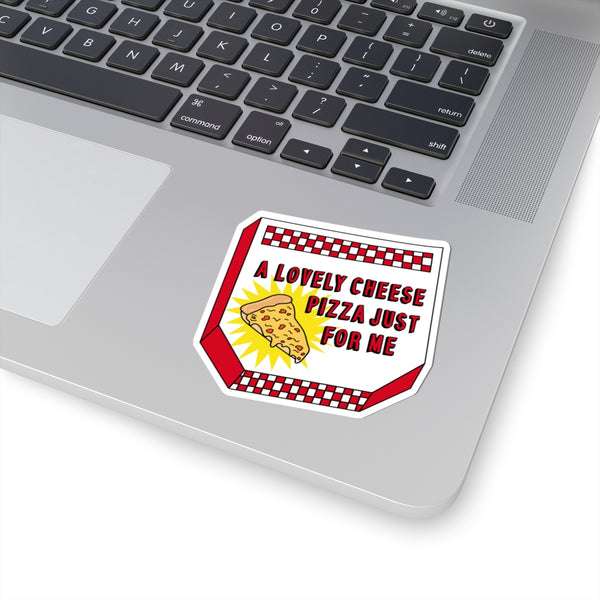 A Lovely Cheese Pizza for Just Me Kiss-Cut Sticker, Retro Pizza Box Design