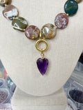 Handmade Rainbow Onyx with Amethyst Heart Charm, Gold Plated Stainless Steel, Interchangeable Charm Bail