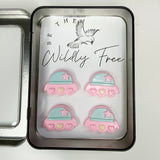 Pastel Pink/Blue Spaceship Magnets, Set of 4 + Tin
