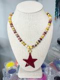 Mookite Rondelle Necklace, Glass Pearl Spacers with Merlot Enamel Star Charm, Gold Plated Stainless Steel Finishes, Fall Style Necklace