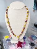 Mookite Rondelle Necklace, Glass Pearl Spacers with Merlot Enamel Star Charm, Gold Plated Stainless Steel Finishes, Fall Style Necklace