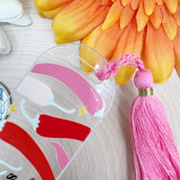 Spicy Book Junkie acrylic bookmark with pink tassel