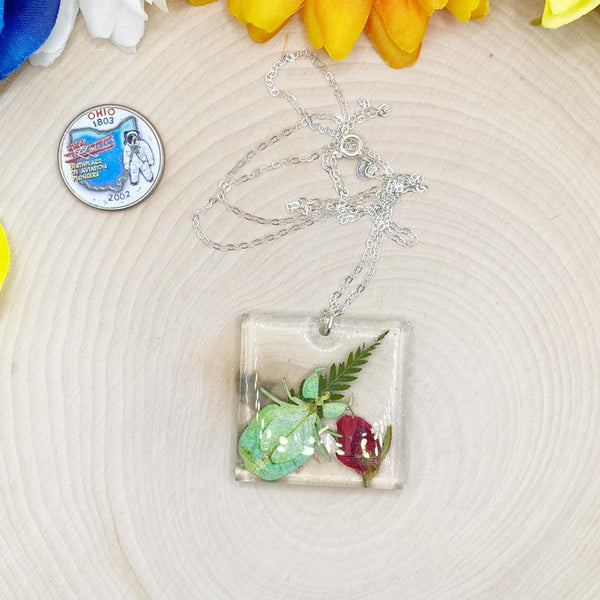 Fern Rose Leaf Insect Resin Necklace on a 24-inch Sterling Silver Chain